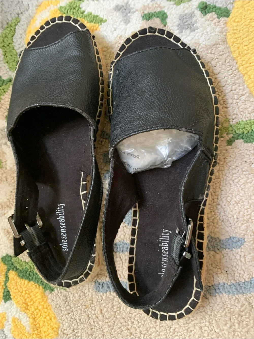 Womens Black Espadrille Slingback Flats with Stitched Jute Trim